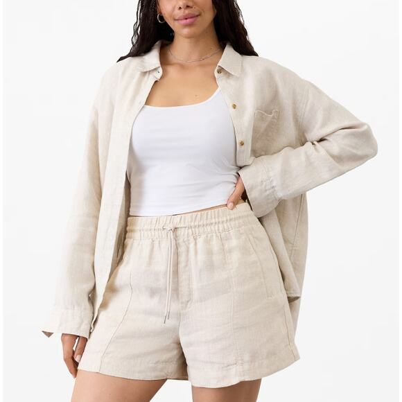 ATHLETA Retreat Linen Top Button Up Long Sleeve Shirt Relaxed Fit Beige Womens S - Picture 1 of 8